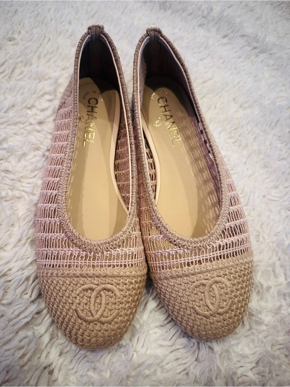 CHANEL Beige Crochet CC Logo Ballet Flats